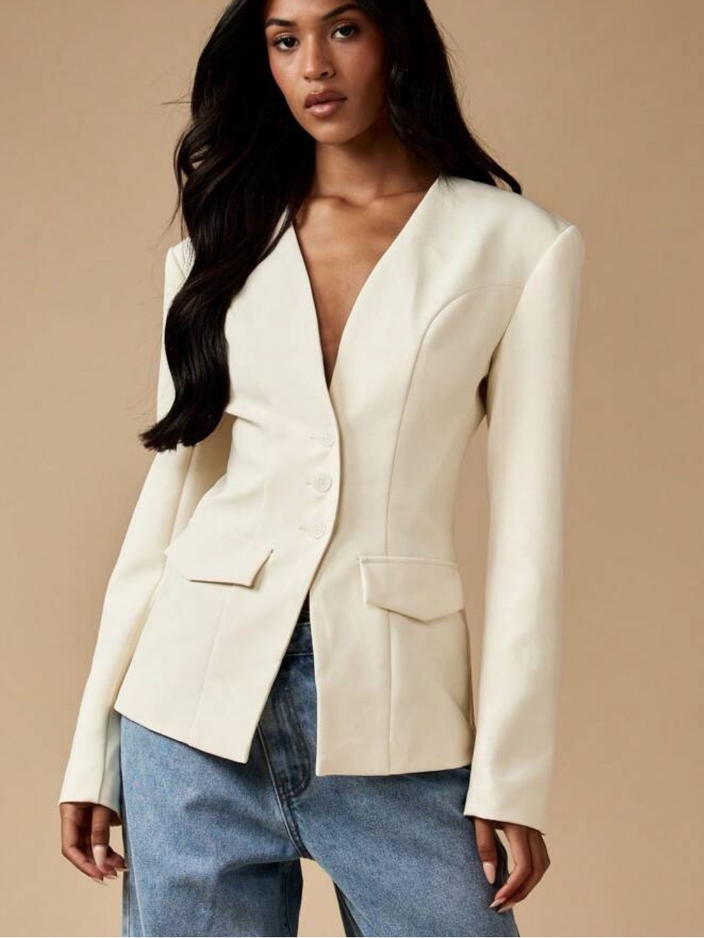 Fully lined thick off white ivory Cream Tailored cinched waist Blazer Jacket